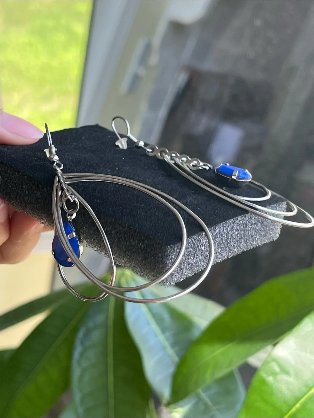 Silver Teardrop Earrings with Cobalt Blue Stone, maybe vintage